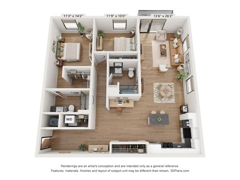 Floor plan for 2 beds, 2 baths, 1425 sqft